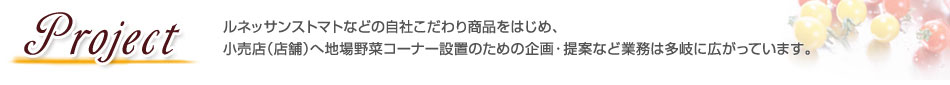 PROJECT ルネッサンストマトなどの自社ブランド開発をはじめ、量販店へ地場野菜コーナー設置のための生産者を紹介するなどを業務は多岐に広がっています。